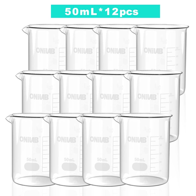 ONiLAB Scientific Glass Beakers Shot Glass, Vol. 50ml, 3.3 Borosilicate Griffin Low Form with Printed Graduation, Pack of 12 13900252 - Image 1